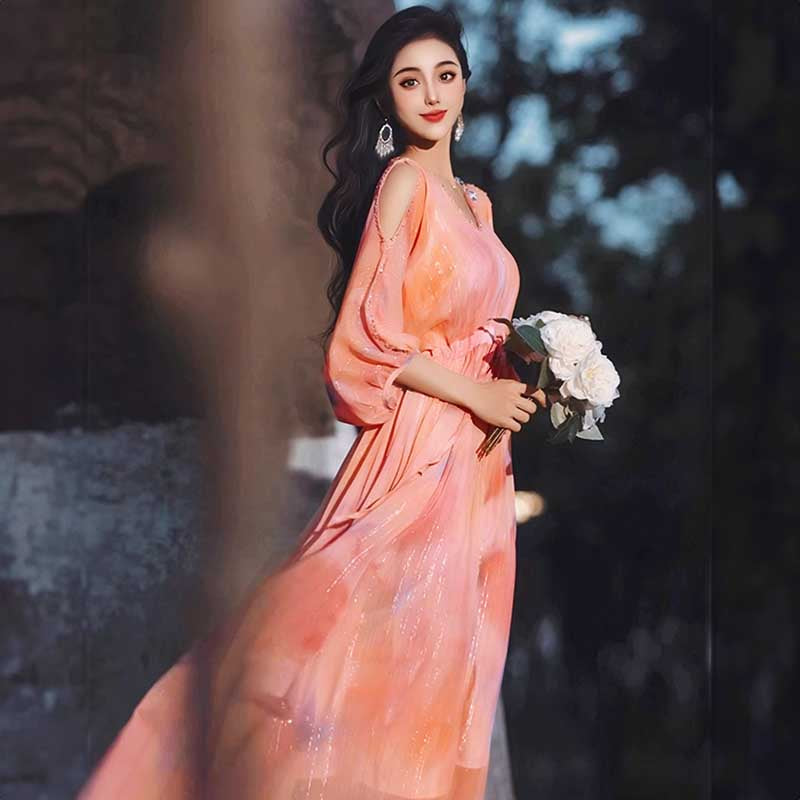 【即納】オープンショルダーシフォンワンピース