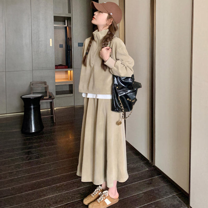 ハーフジップショートトレーナー×マキシフレアスカート