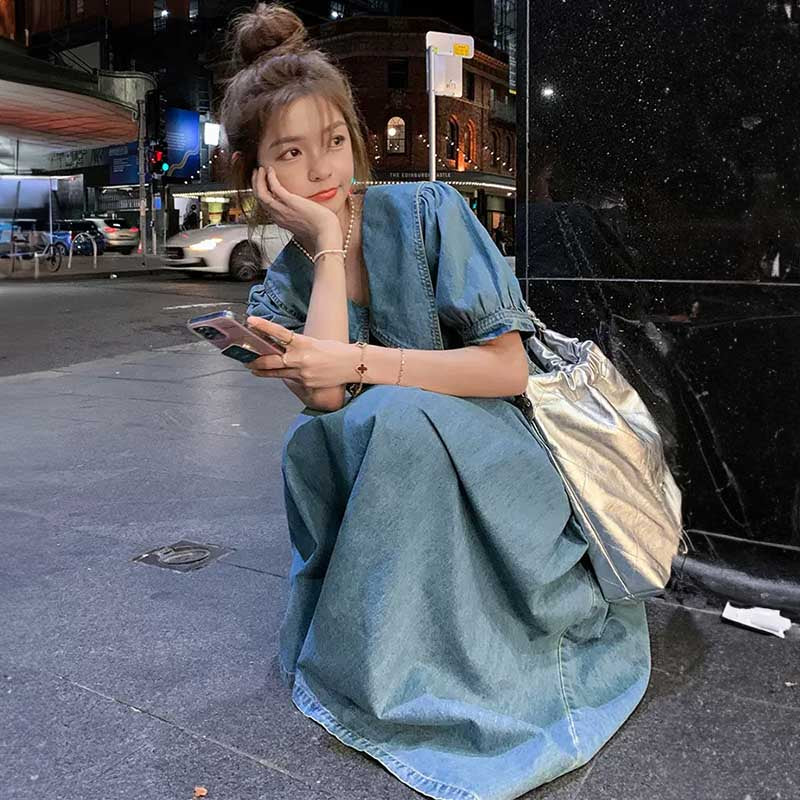 襟コンシャスデニムワンピース