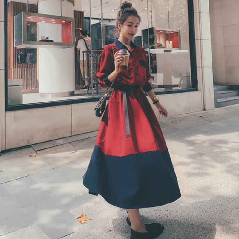 レッド×ネイビーバイカラーAラインワンピース