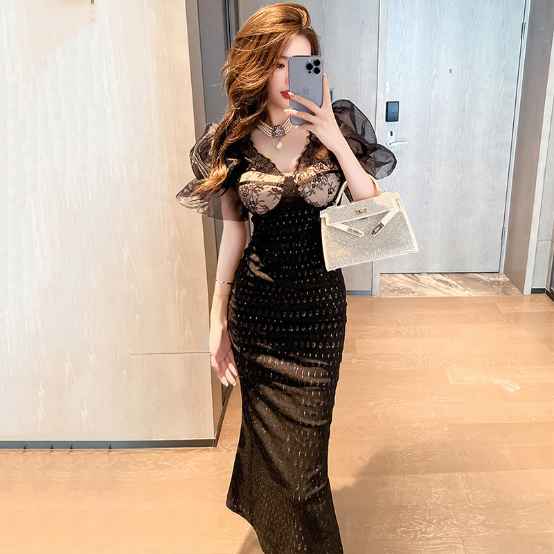 シアーキャンディースリーブレースマーメイドワンピース