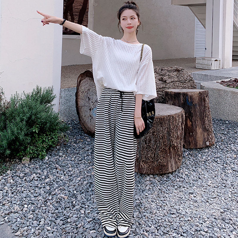 リブオーバードルマンプルオーバー×ボーダースウェットパンツ