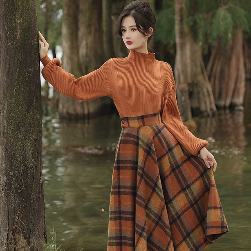 ハイネックニット×クラシカルチェックスカート(2colors) （オレンジ
