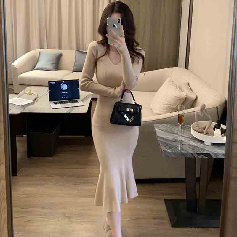 Vネックタイトニットワンピース(5colors)