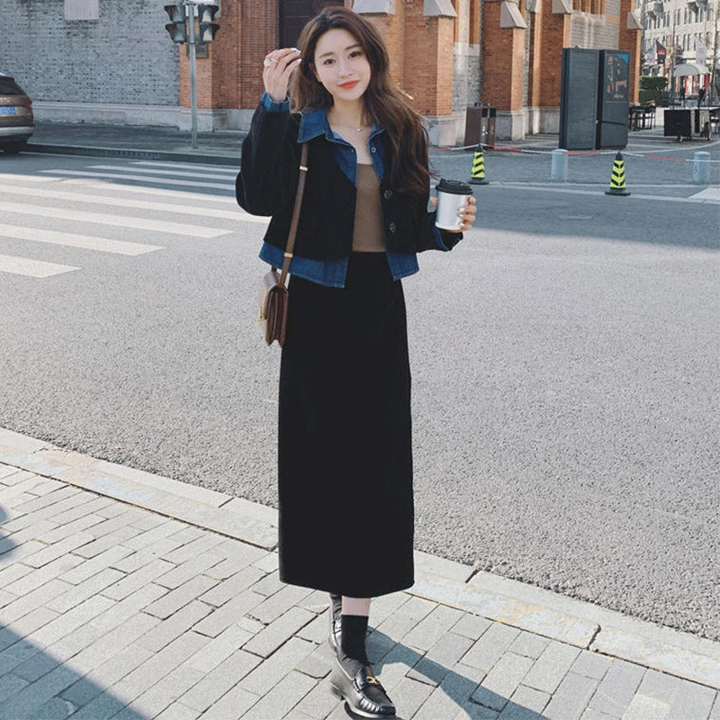 デニムシャツコンビクロップドジャケット×ワイドパンツ or ナロースカート(2colors / 2type)