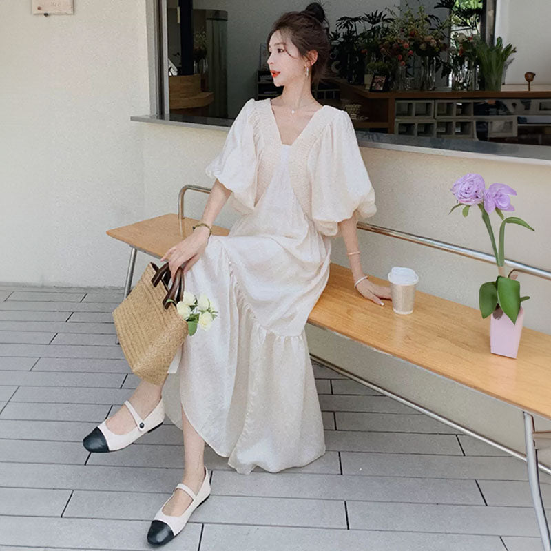 Vネックフレンチパフスリーブロングワンピース