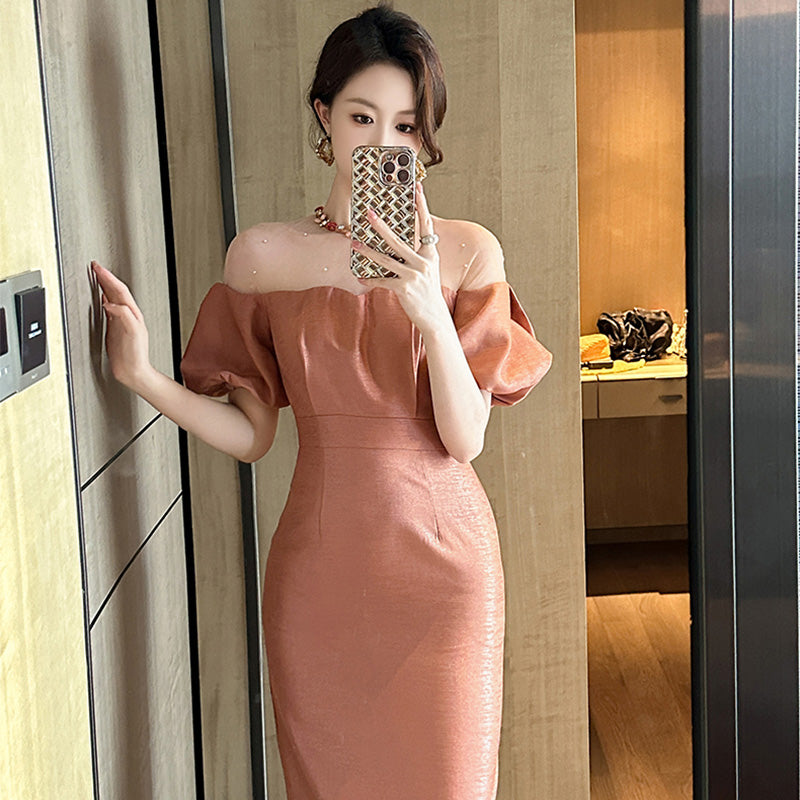 オフショルダー風パフスリーブワンピース(5COLORS)