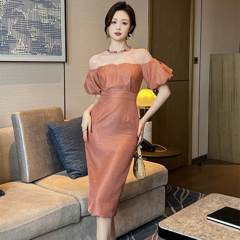 オフショルダー風パフスリーブワンピース(5COLORS)