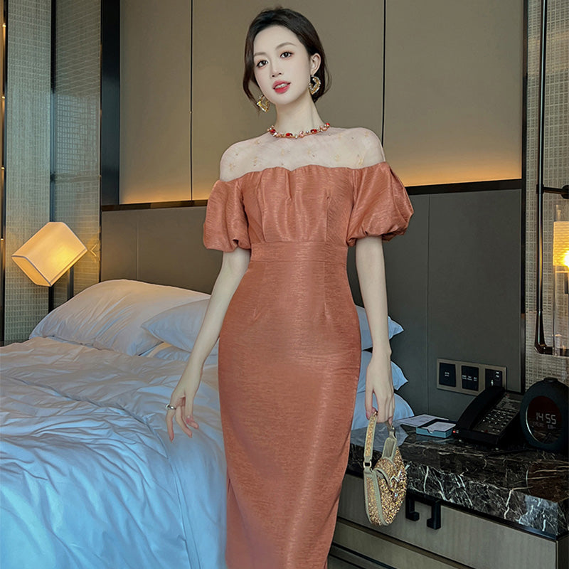 オフショルダー風パフスリーブワンピース(5COLORS)