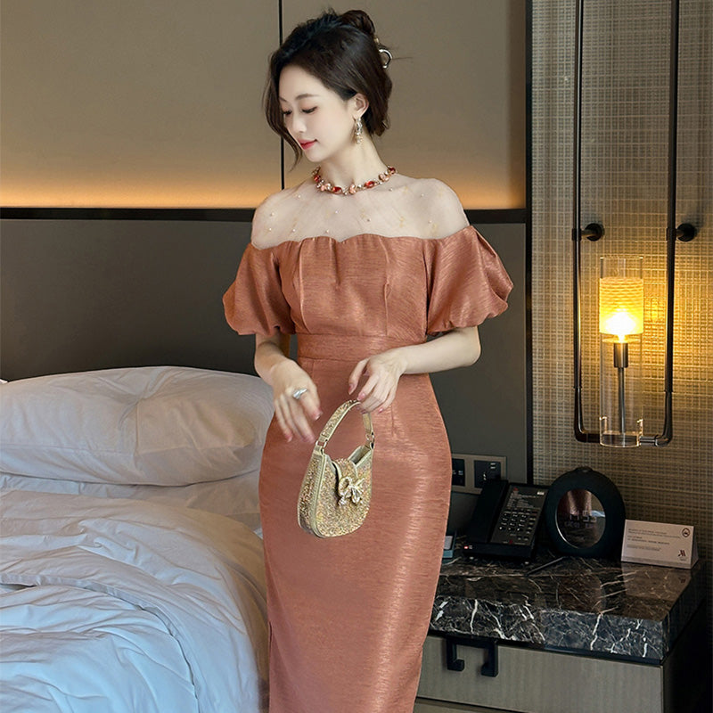 オフショルダー風パフスリーブワンピース(5COLORS)