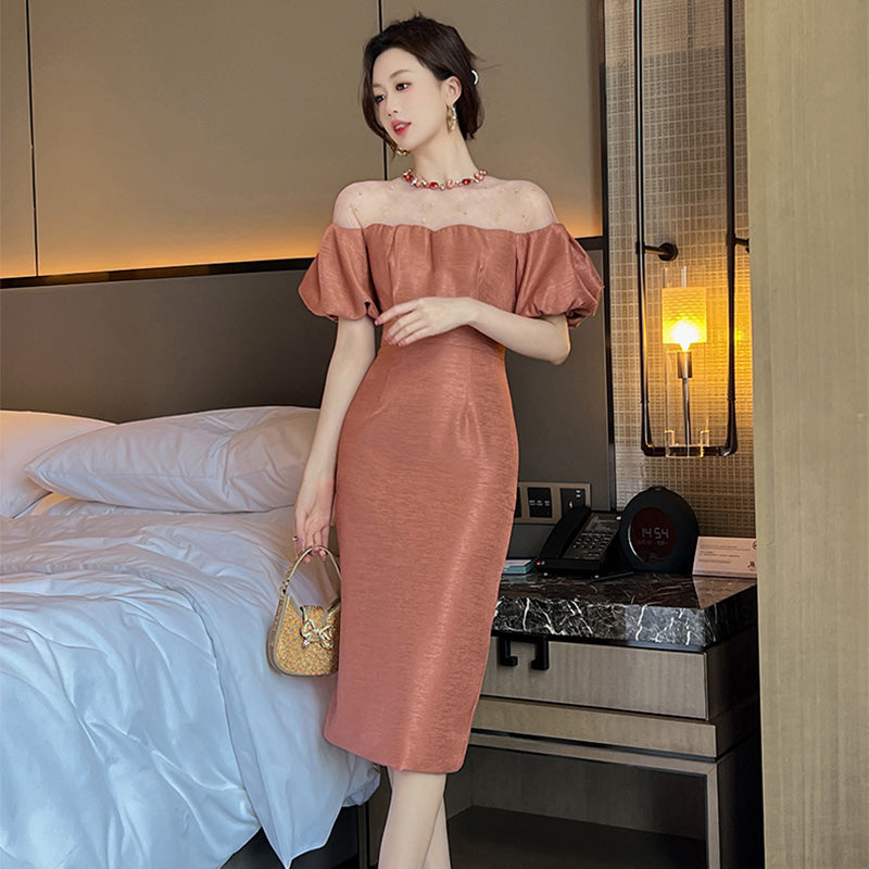 オフショルダー風パフスリーブワンピース(5COLORS)