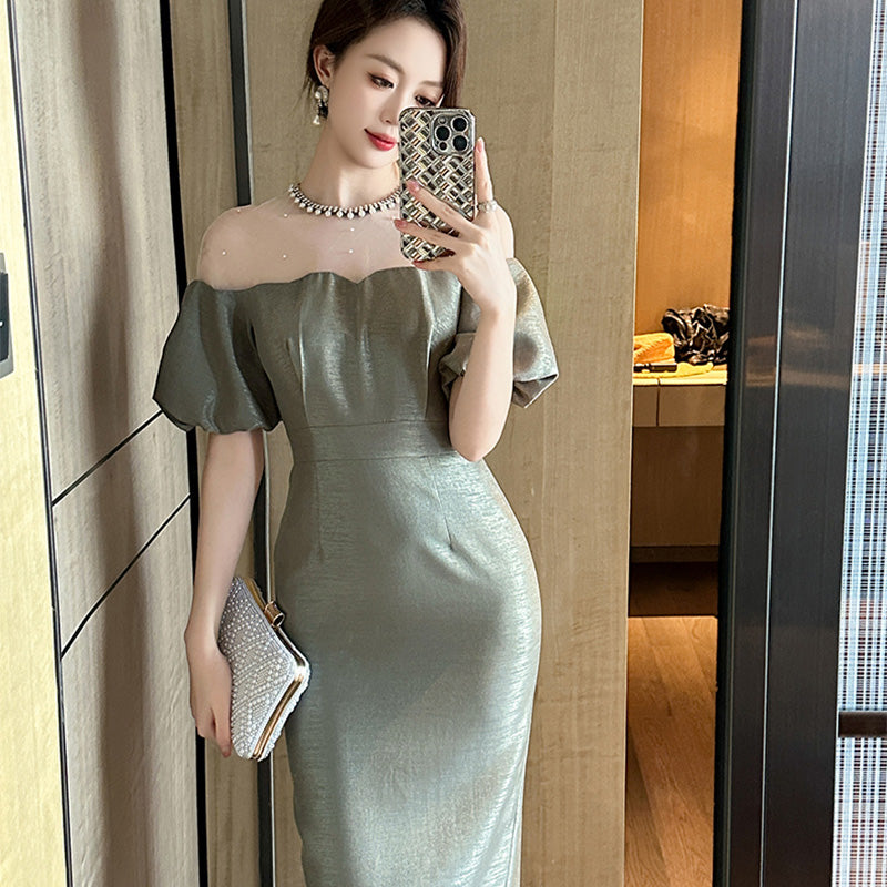 オフショルダー風パフスリーブワンピース(5COLORS)