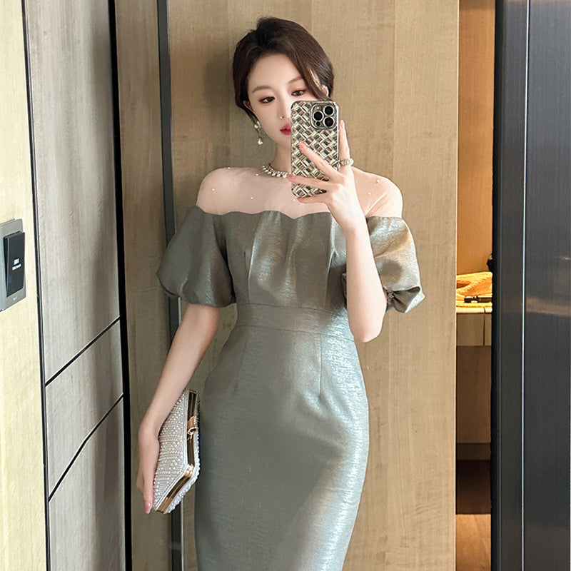 オフショルダー風パフスリーブワンピース(5COLORS)