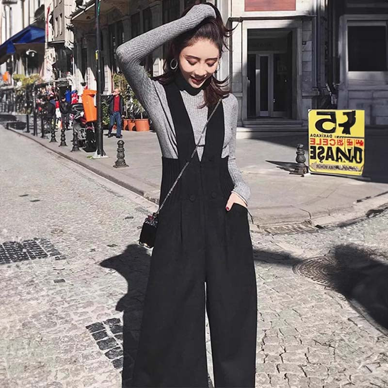 スリット入りハイネックリブニット×Vネックリブウエストサロペットパンツ(2colors)