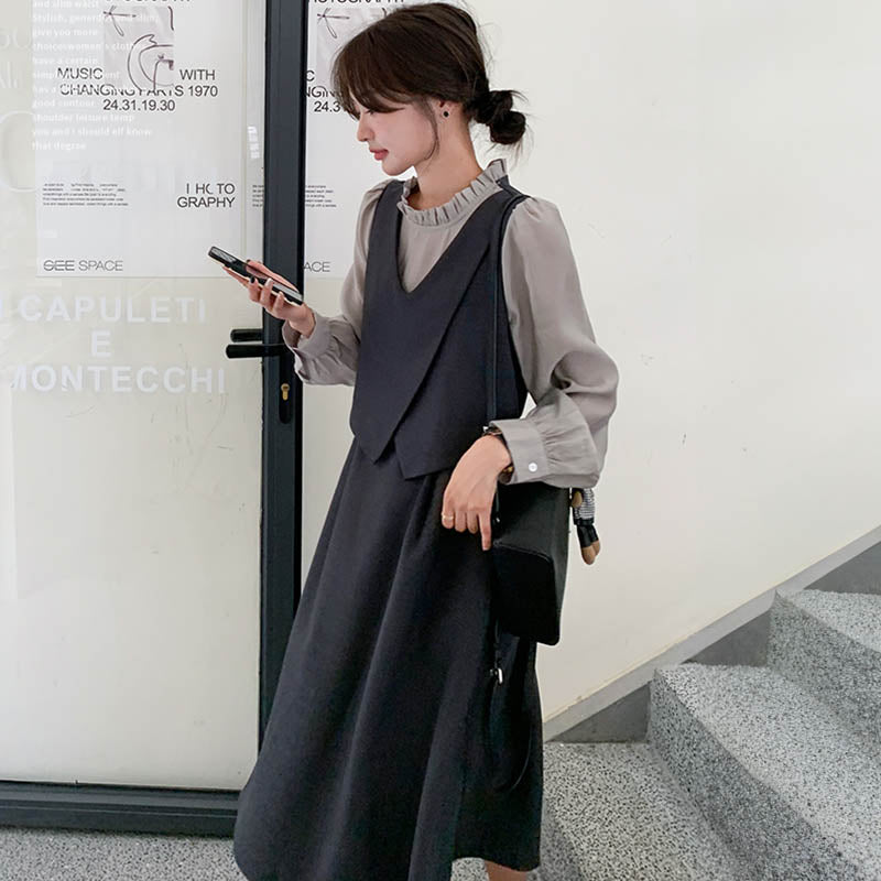 フリルネックフェイクツーピースレイヤード風ワンピース(2colors)