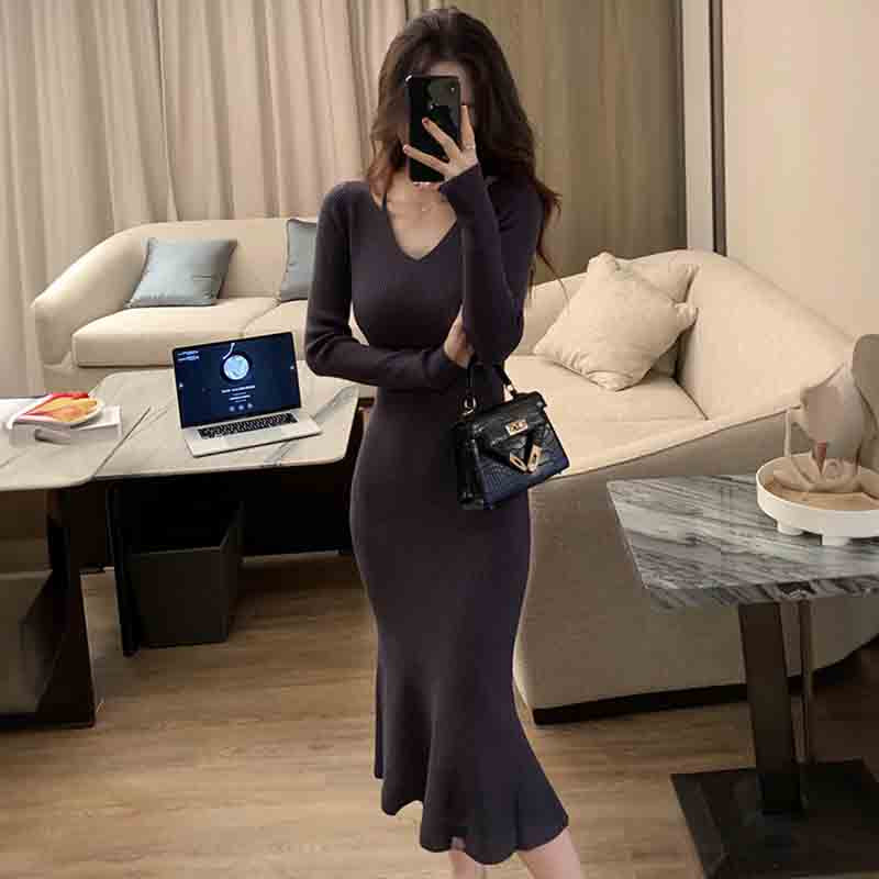 Vネックタイトニットワンピース(5colors)