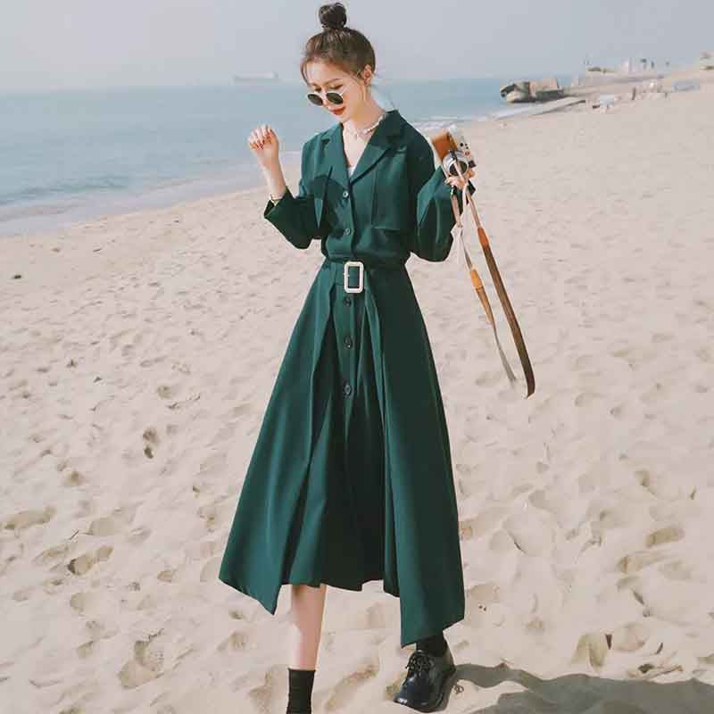 ビンテージ風ベルト付きVネックワンピース(2colors)