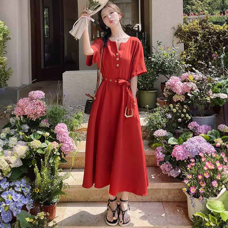 ラウンドネックレトロワンピース