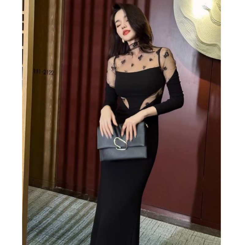 花柄シアーコンビマーメイドマキシワンピース