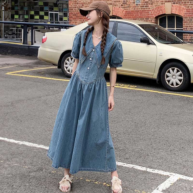 襟コンシャスデニムワンピース