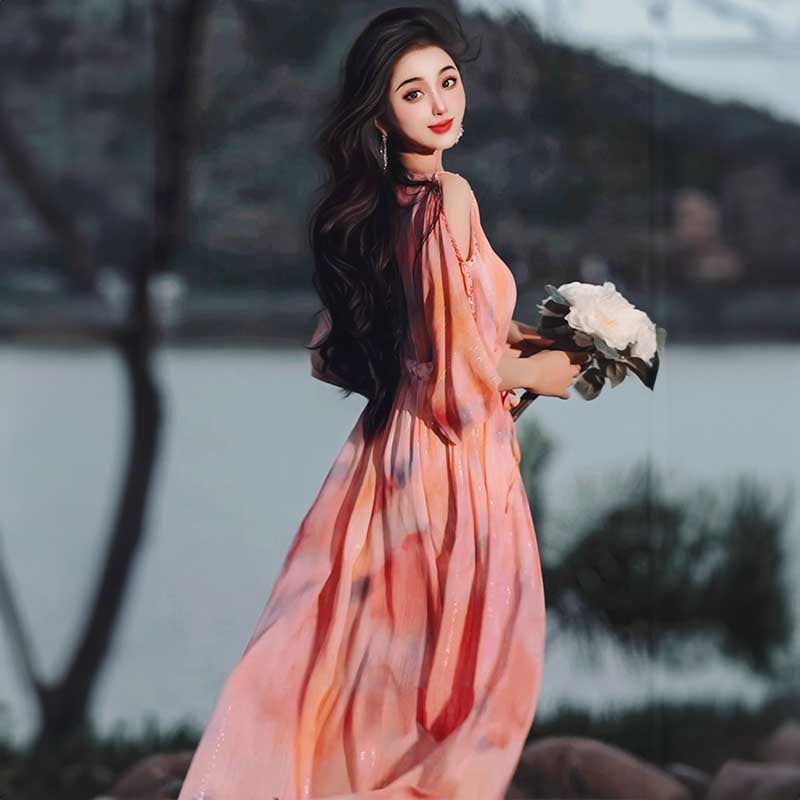 【即納】オープンショルダーシフォンワンピース