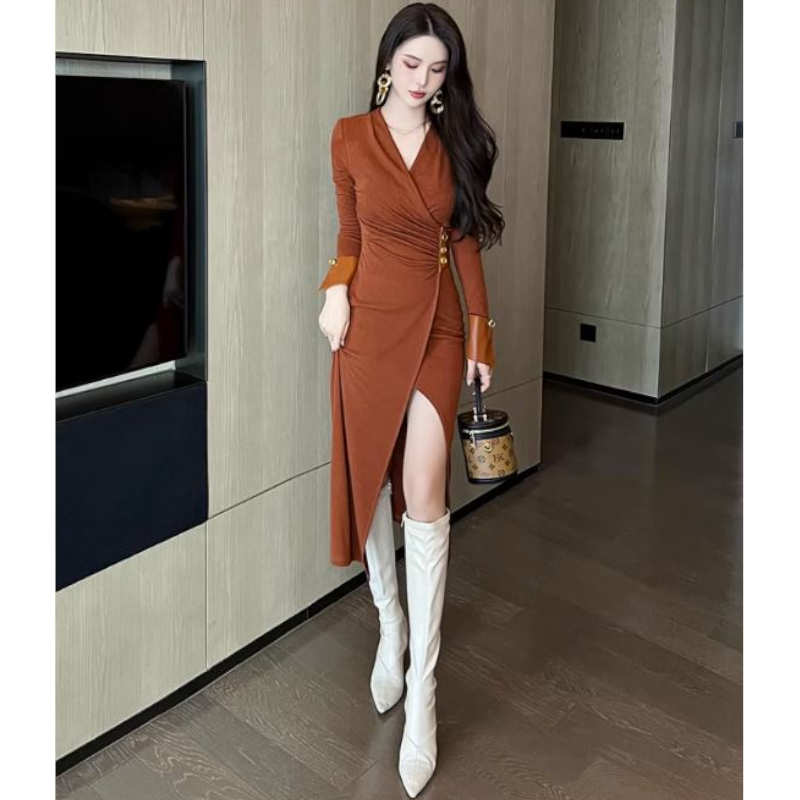 エコレザーコンビカシュクールロングワンピース(2colors)