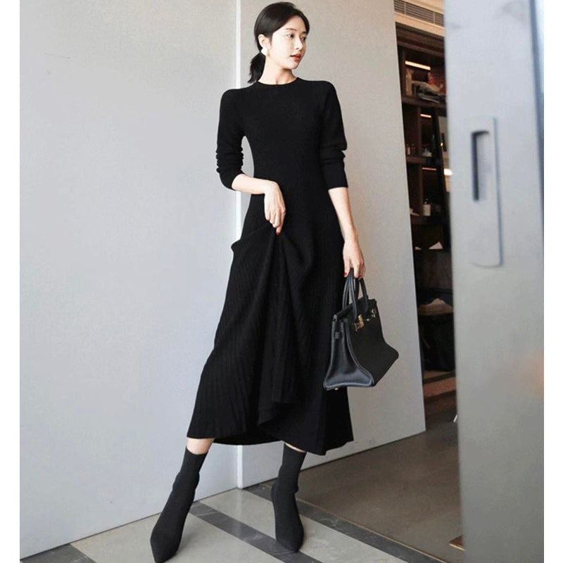 【即納】スタンドカラーフレアリブニットワンピース(2colors)