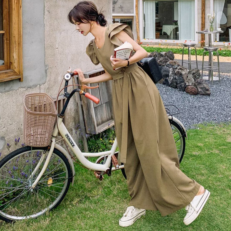 フリルショルダースクエアネックオールインワンワイドパンツ