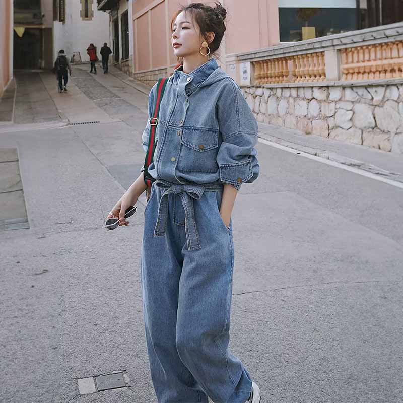 スタンドカラーフード付きデニムオールインワン