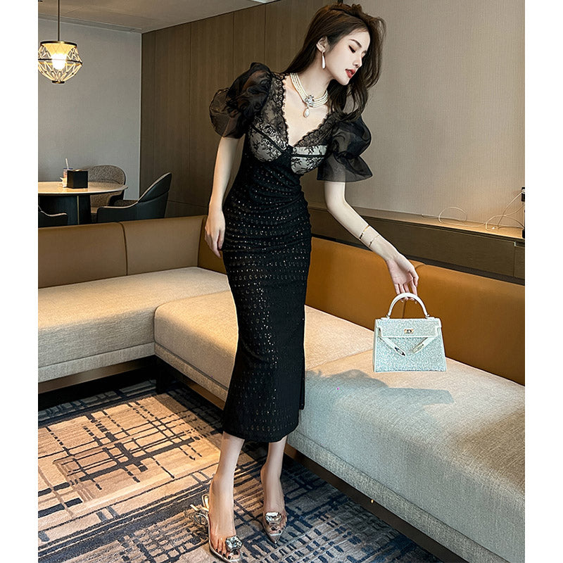 シアーキャンディースリーブレースマーメイドワンピース