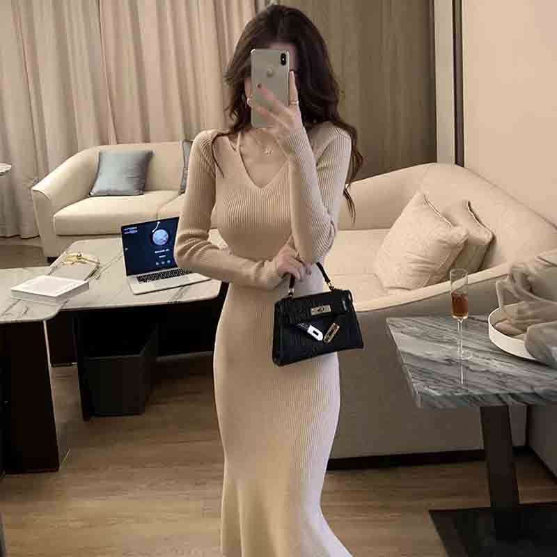 Vネックタイトニットワンピース(5colors)