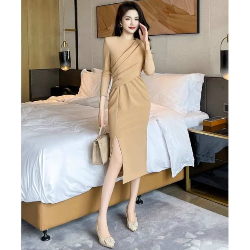 【即納】アシメドレープサイドスリットペンシルワンピース