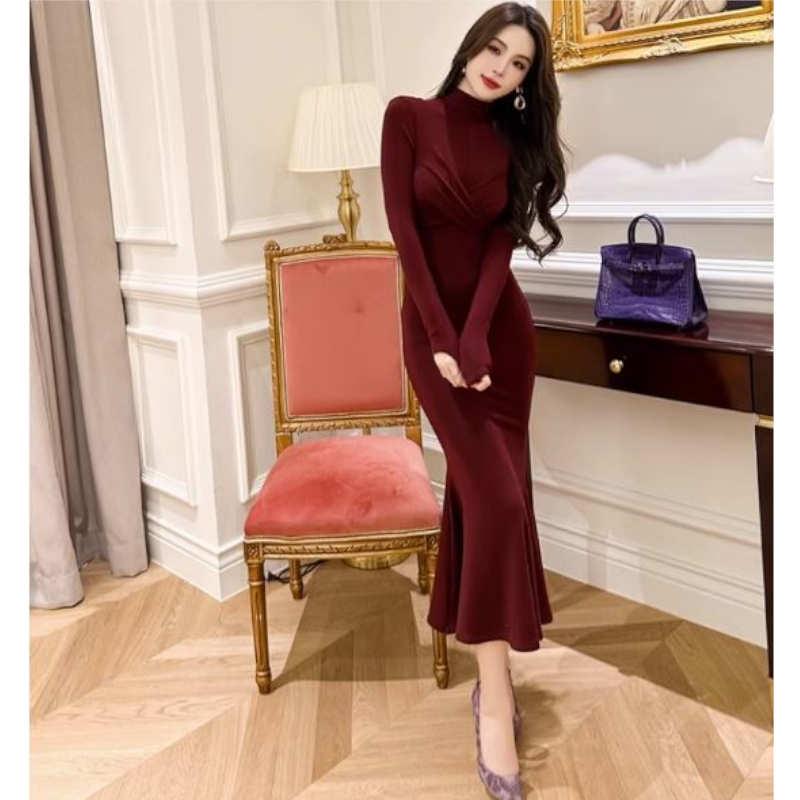 ハイネックツイストマーメイドニットワンピース(2colors)