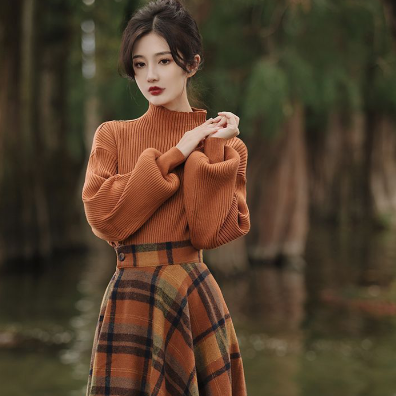 ハイネックニット×クラシカルチェックスカート(2colors)