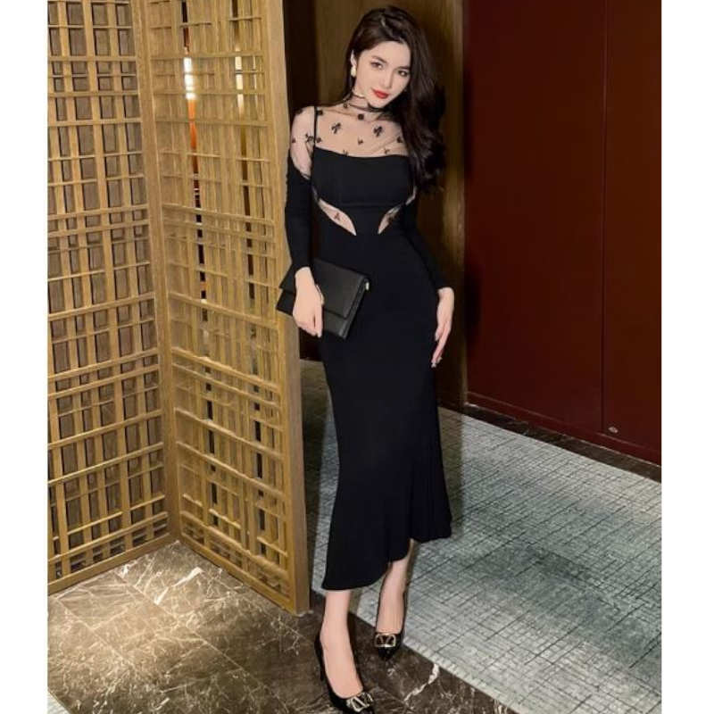 花柄シアーコンビマーメイドマキシワンピース