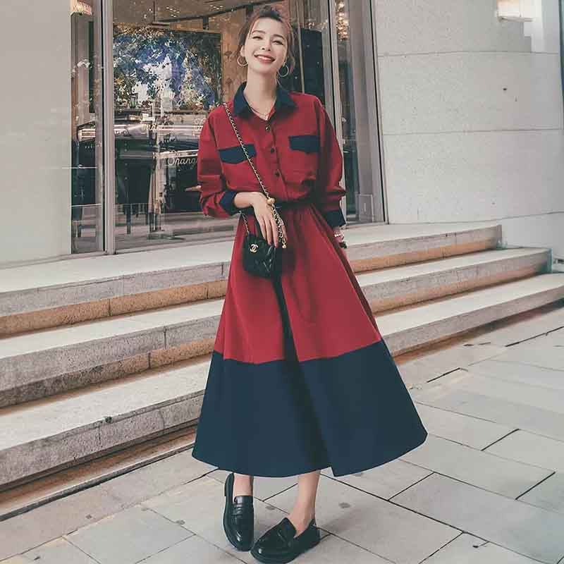 レッド×ネイビーバイカラーAラインワンピース