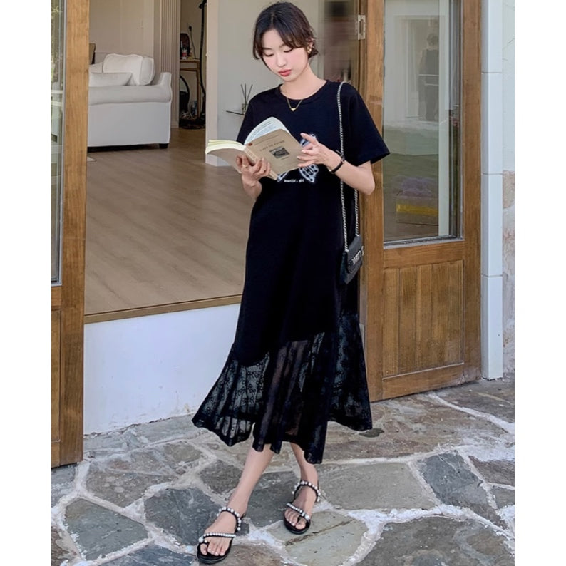 プリントTシャツシアー切り替えワンピース