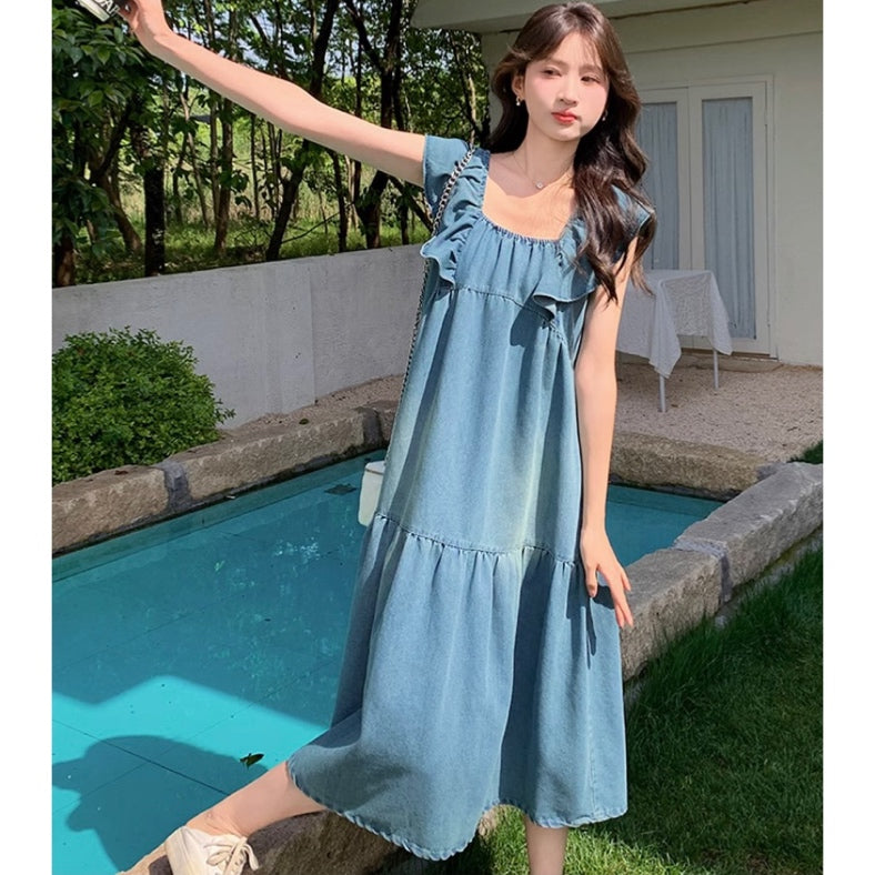 ショルダーフリルデニムティアードワンピース