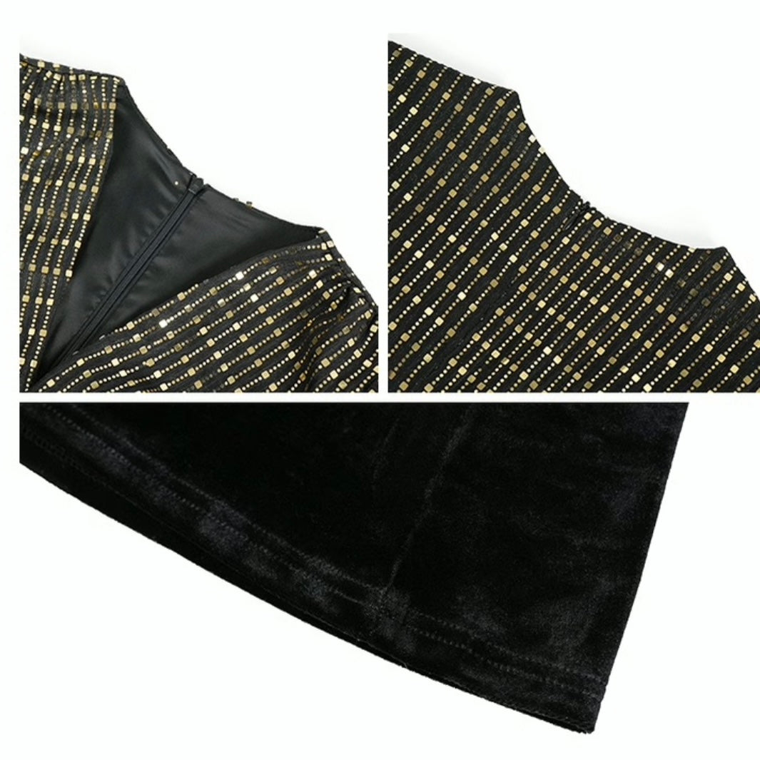 スパンコール切り替えVネックロングワンピース(3colors)