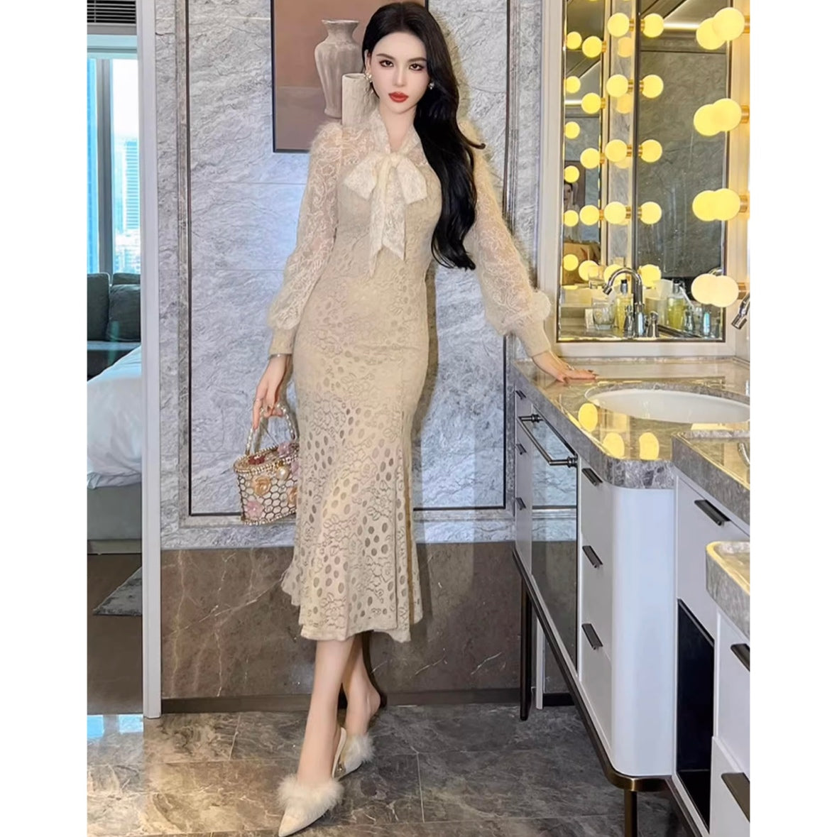 ボウタイレースマーメイドワンピース