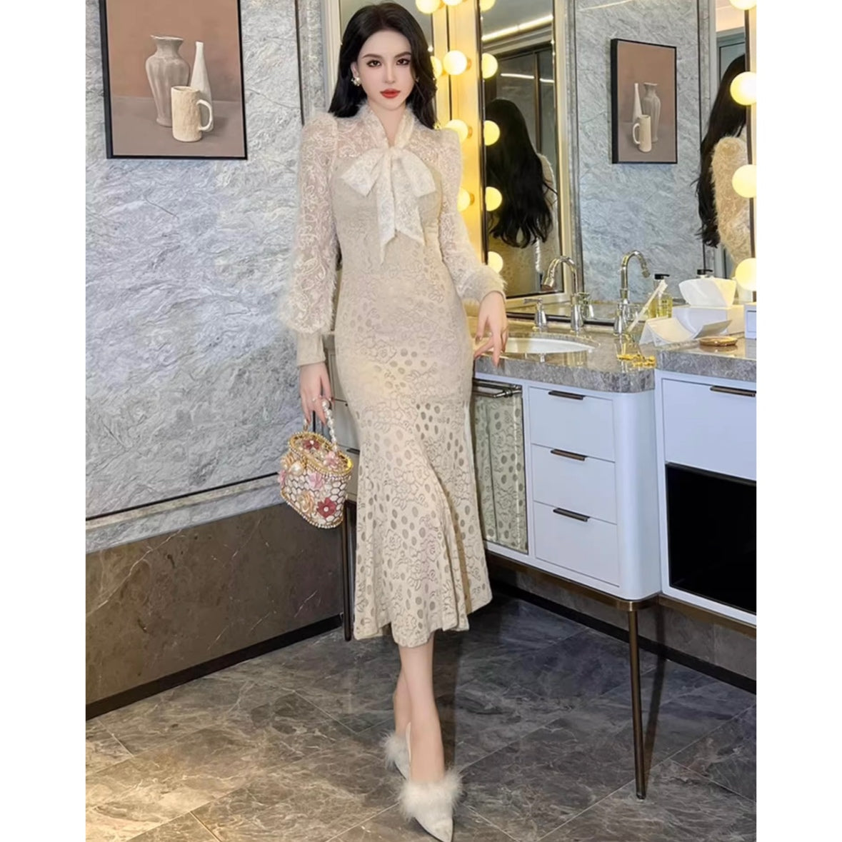 ボウタイレースマーメイドワンピース