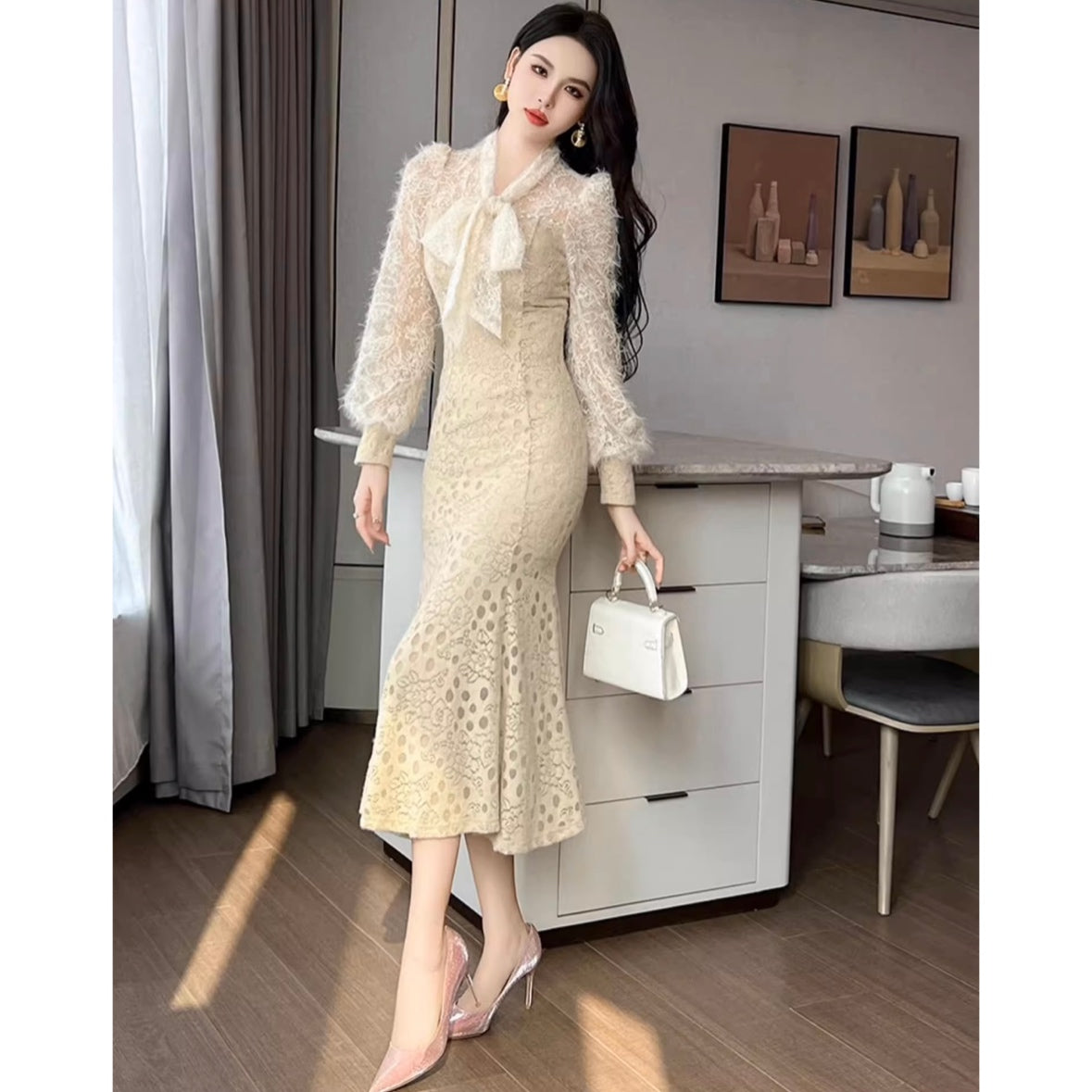 ボウタイレースマーメイドワンピース