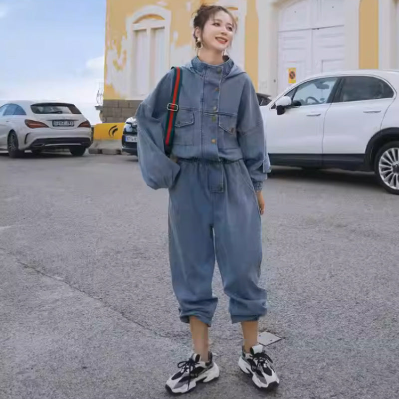 スタンドカラーフード付きデニムオールインワン