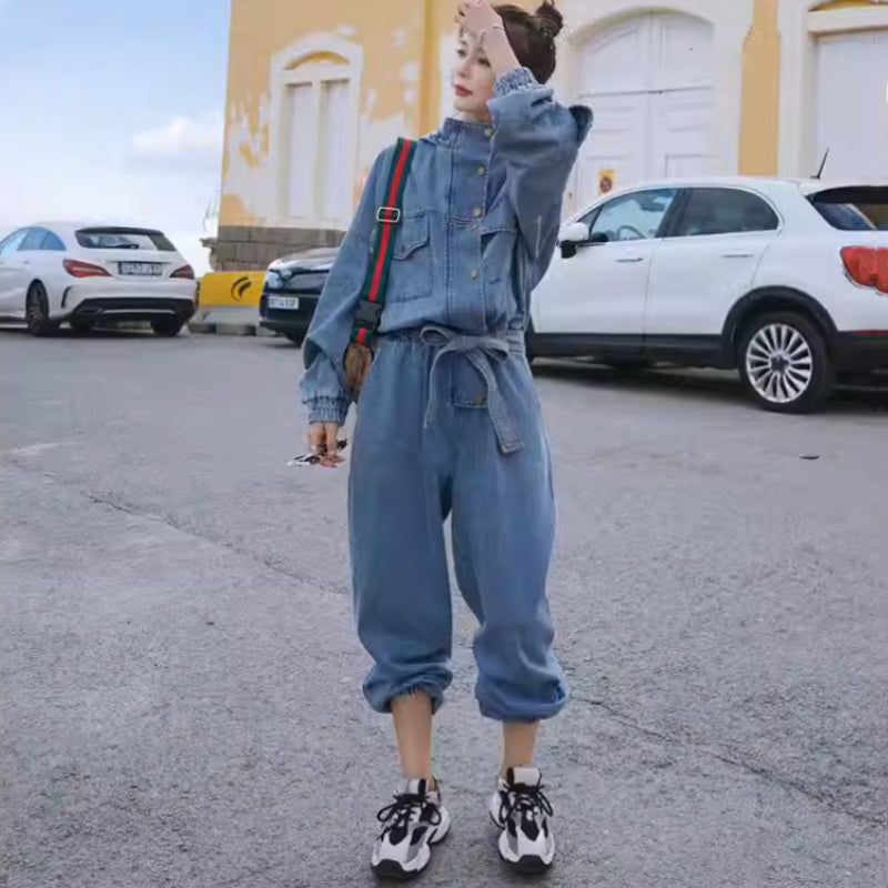 スタンドカラーフード付きデニムオールインワン