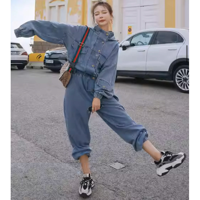 スタンドカラーフード付きデニムオールインワン