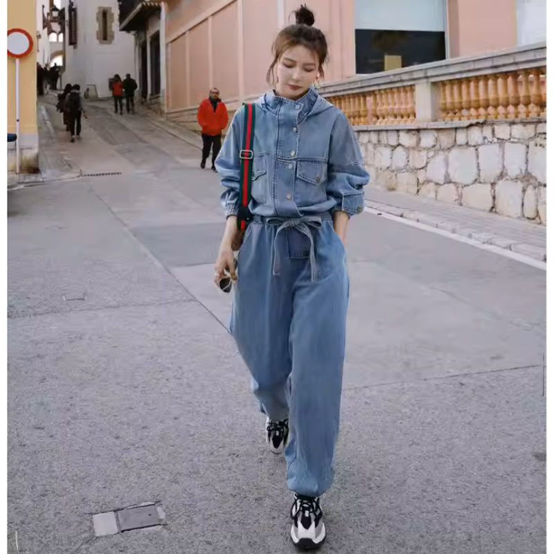 スタンドカラーフード付きデニムオールインワン