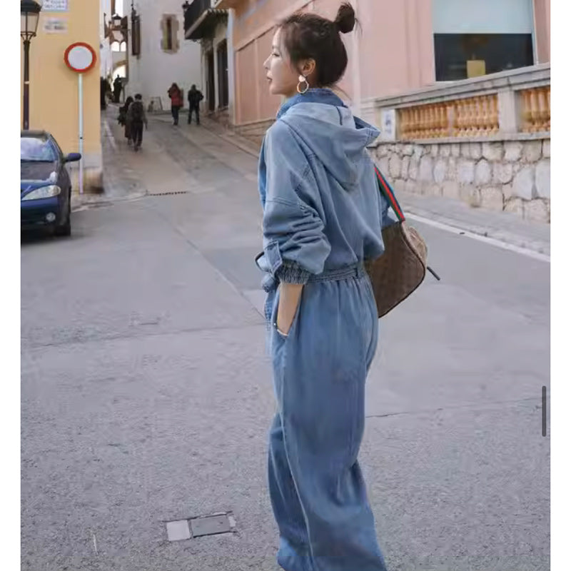 スタンドカラーフード付きデニムオールインワン