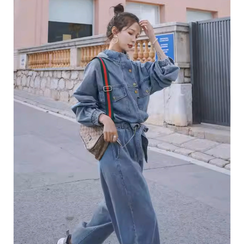 スタンドカラーフード付きデニムオールインワン