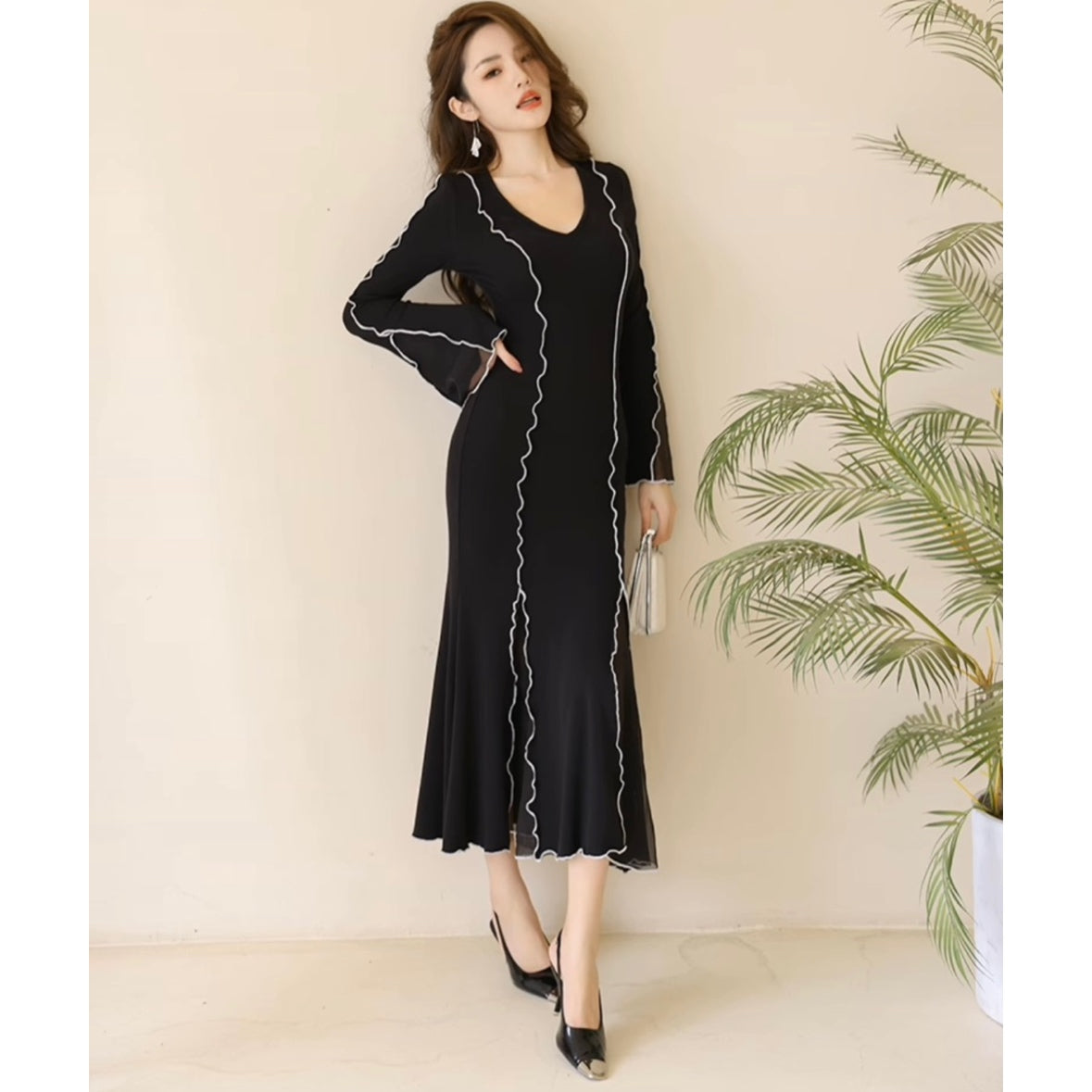 ライン入りフィッシュテールスカートワンピース