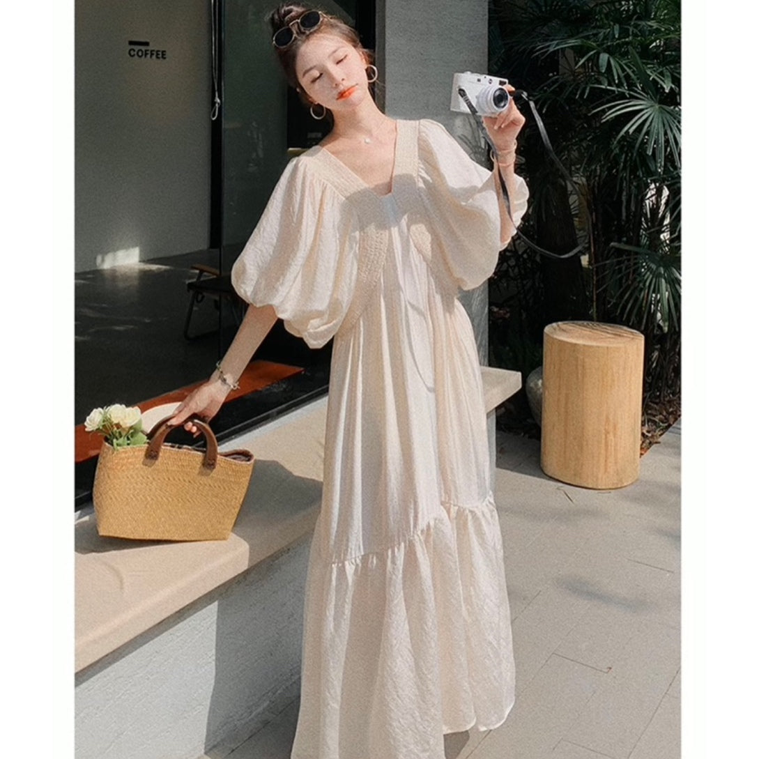 Vネックフレンチパフスリーブロングワンピース